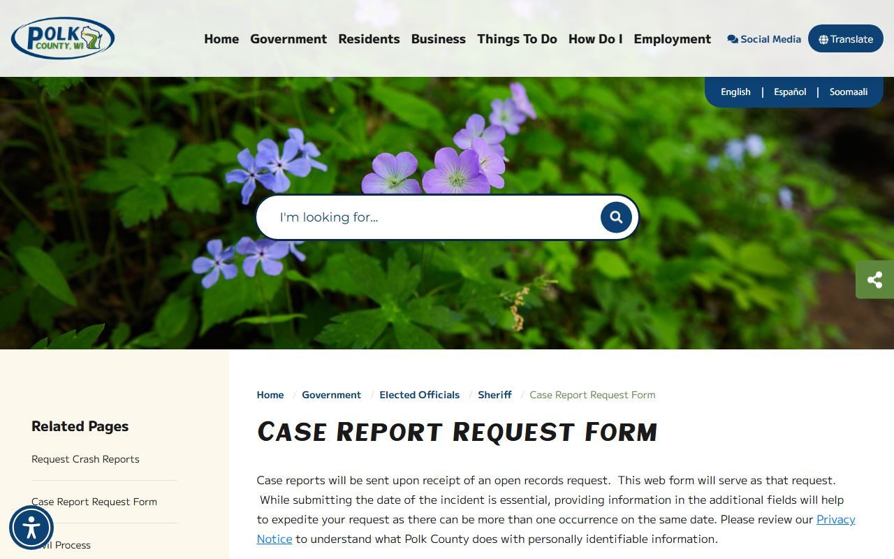 Polk County sheriff case report request form for booking photo records